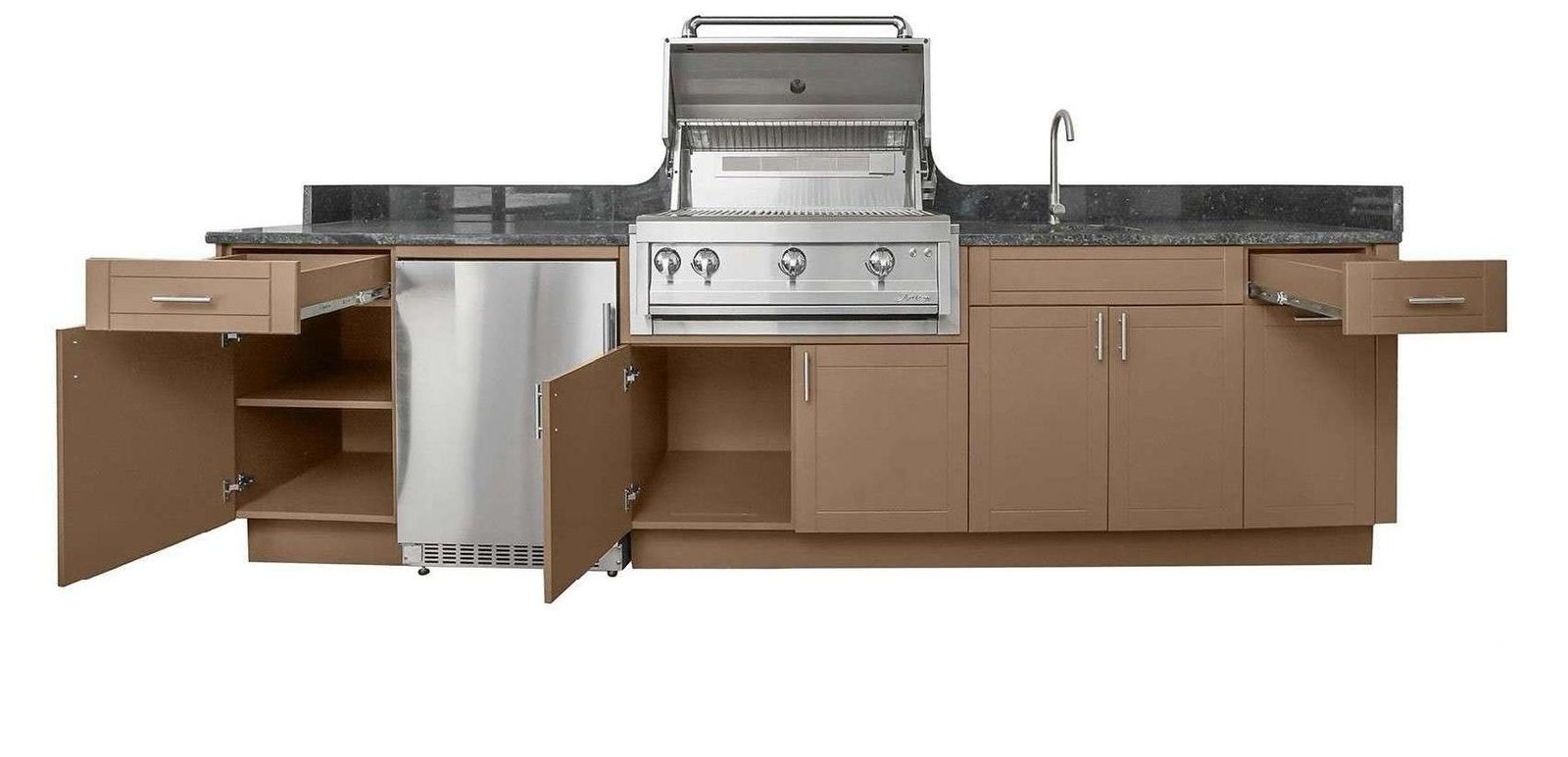 TrueSpec HDPE outdoor cabinet doors and drawers open showing soft-close hinges, full-extension drawer slides, and built-in stainless refrigerator