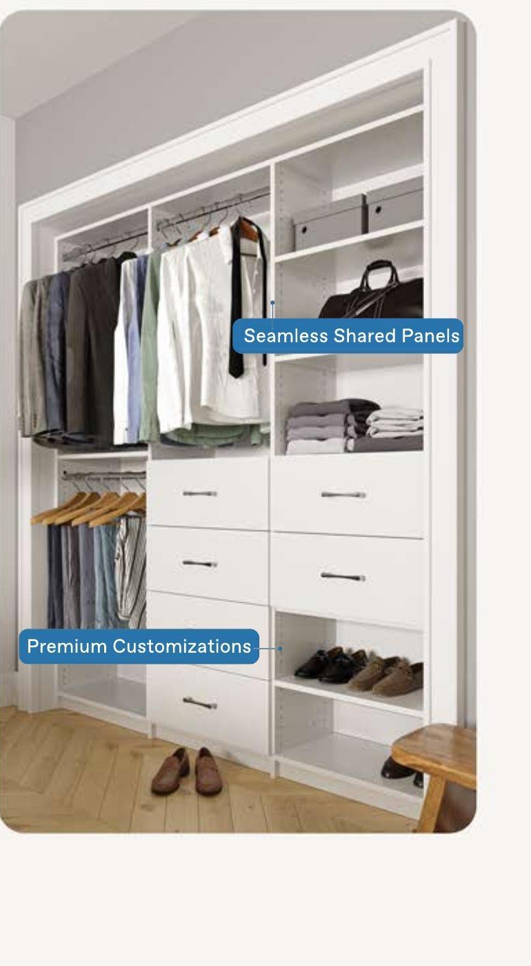 Alto closet system in white finish with seamless shared panels and premium customizations