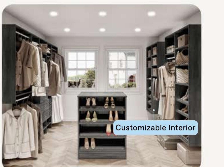 Vista closet system in dark grey finish with customizable interior island in a walk-in closet