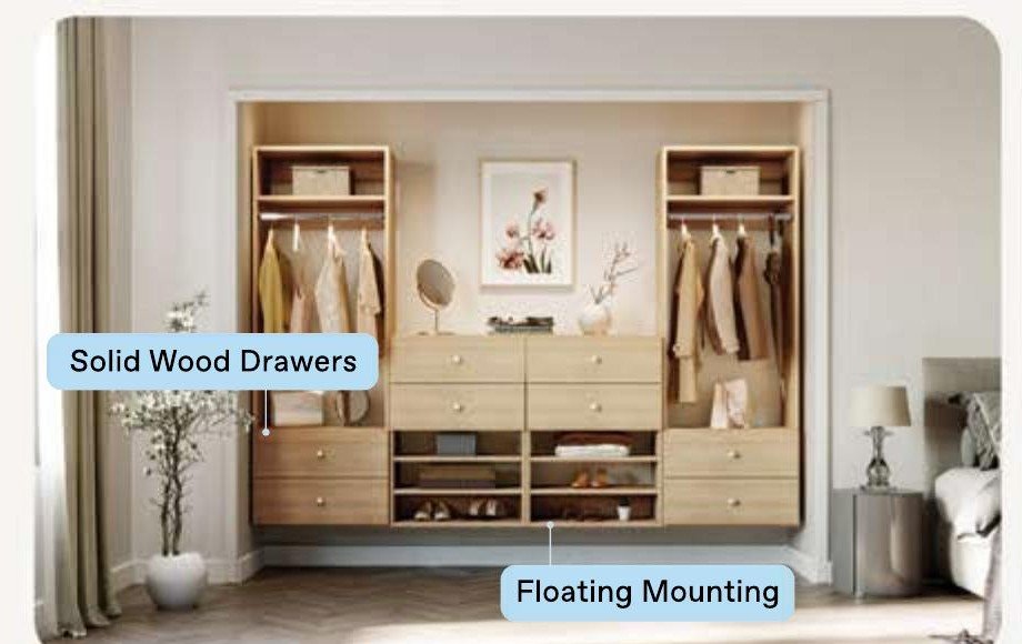 Vista closet system in oak finish with floating mounting, solid wood drawers, and open hanging space