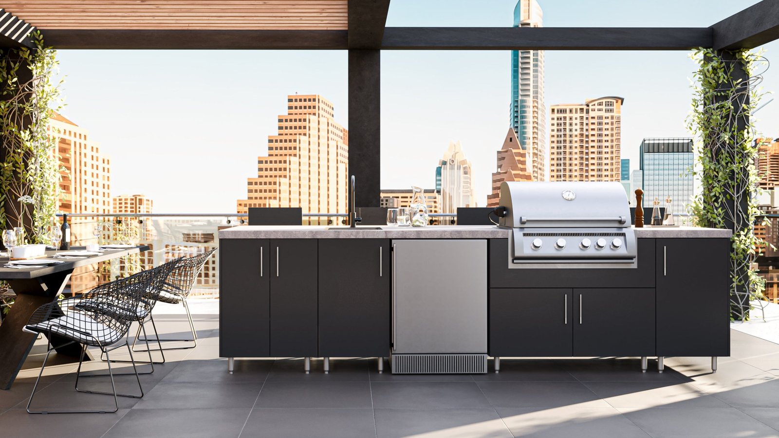 WeatherStrong dark outdoor cabinet installation on a covered terrace