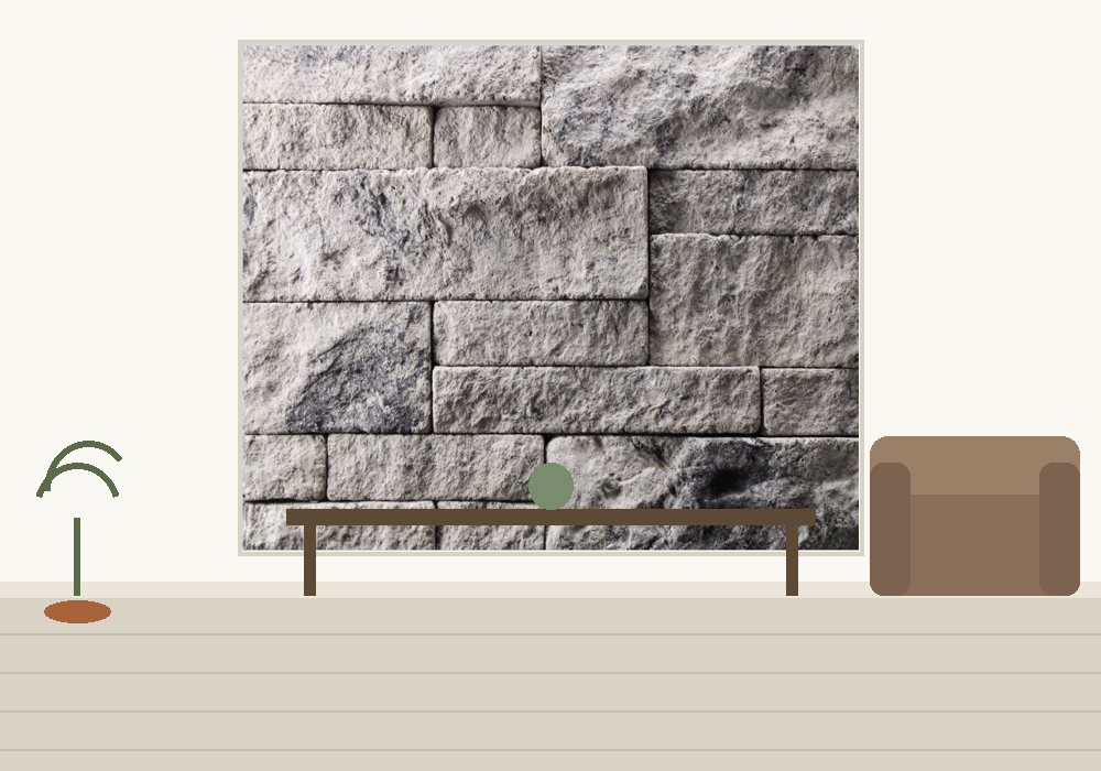 Living room accent wall illustration featuring Evolve Stone Capital Sky in the color Steel Creek