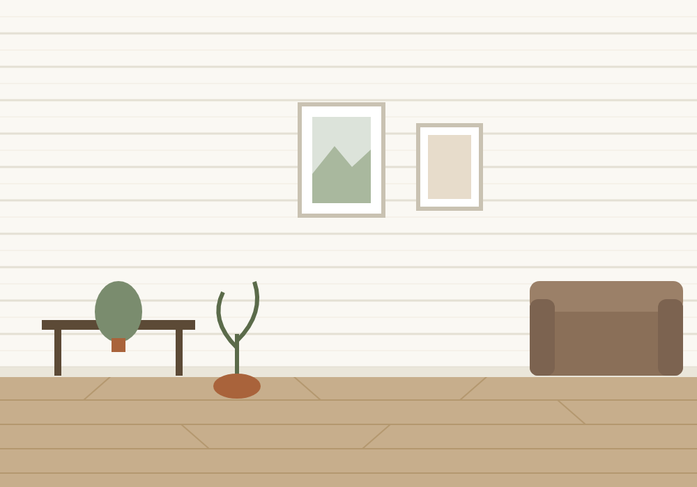 Living room illustration with Versatex Canvas Series white shiplap accent wall